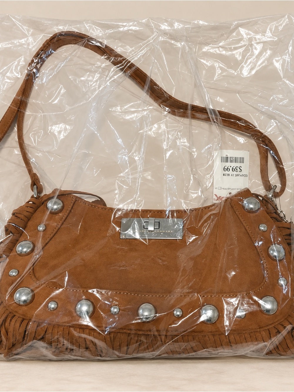 True Religion Brown Suede Fringe Satchel with Silver Studs